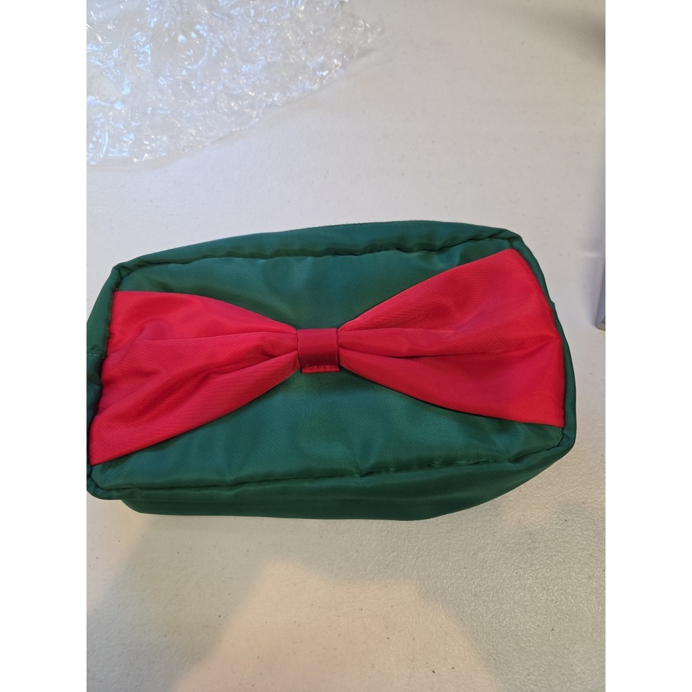 Holiday Green Red Bow Makeup Bag Nylon Cosmetic Travel Pouch Organizer Gift New